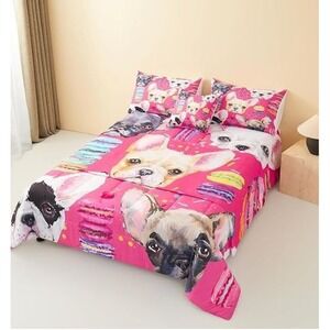 6 PIECE PINK PUPPY BEDDING SET SHEETS SHAMS  THROW COVER & COMFORTER QUEEN SIZE